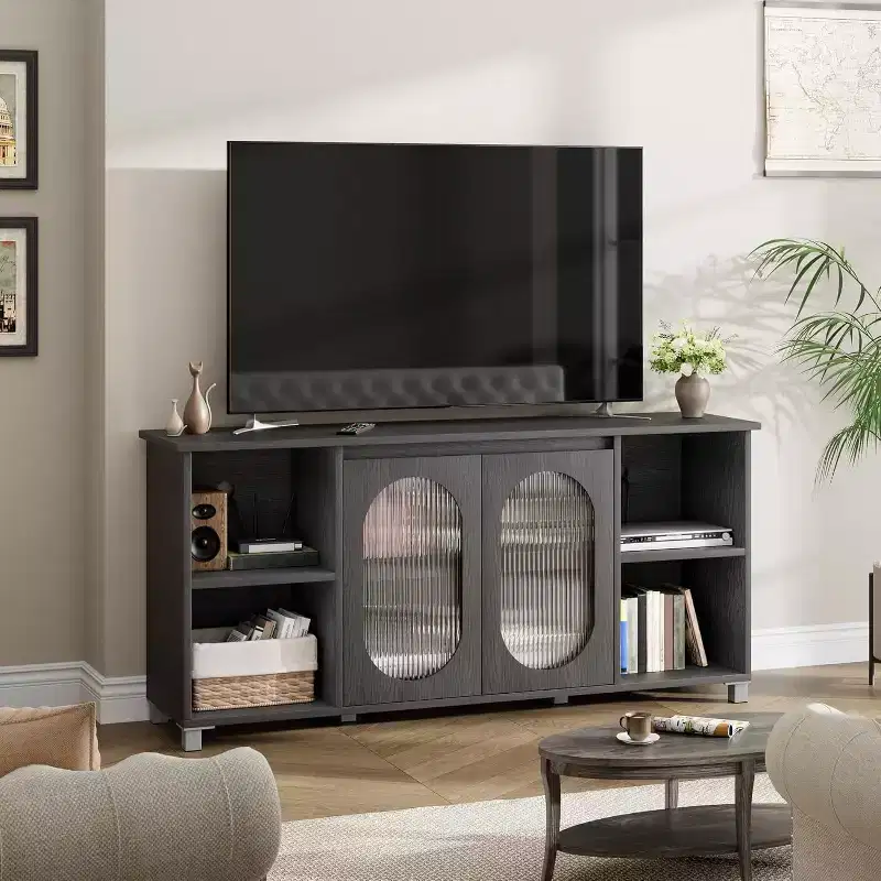 Modern TV Stand for 70 Inch TV, Black Media Console with Glass Doors and Shelves, Storage Cabinet for Living Room