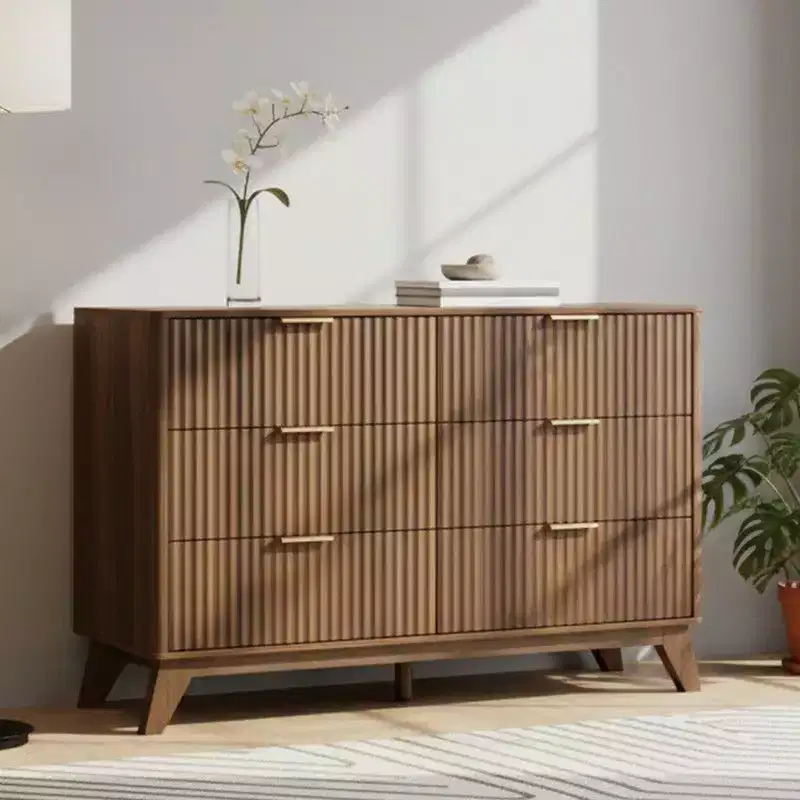Walnut / Gray Oak / Black 6-Drawer Double Row Grid Chest Dresser for 1 Person