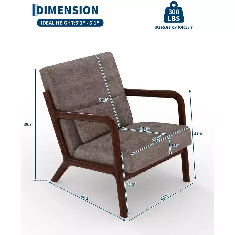 Mid-Century Modern Accent Chair  Chenille Upholstered Armchair with Removable Lumbar Pillow, Solid Wood Reading Chair for Living Room, Bedroom