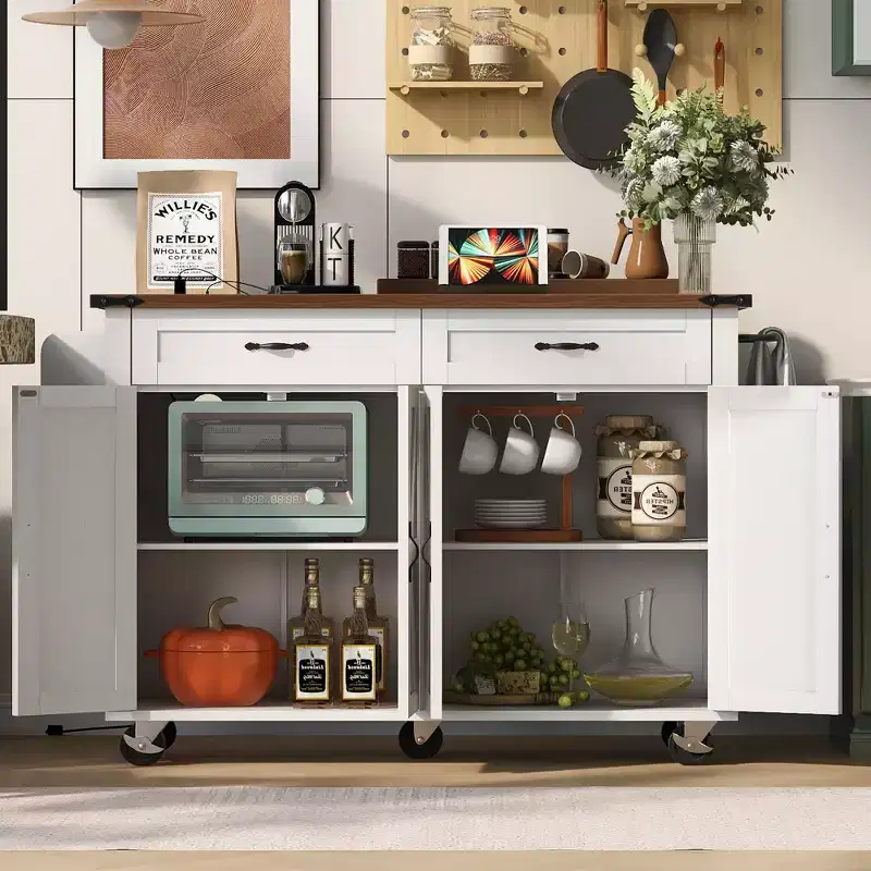 MAYEERTY Kitchen Island with Power Outlet Drop Leaf Spice Rack and Drawer Wheels for Home Kitchen Dining Room White