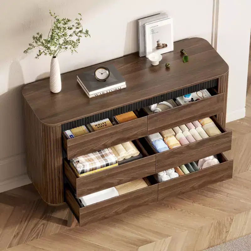 6 Drawer Dresser Roller shutter Chest of Drawers Curved Profile Design Wood Drawer Organizer for Bedroom Living Room Hallway Entryway