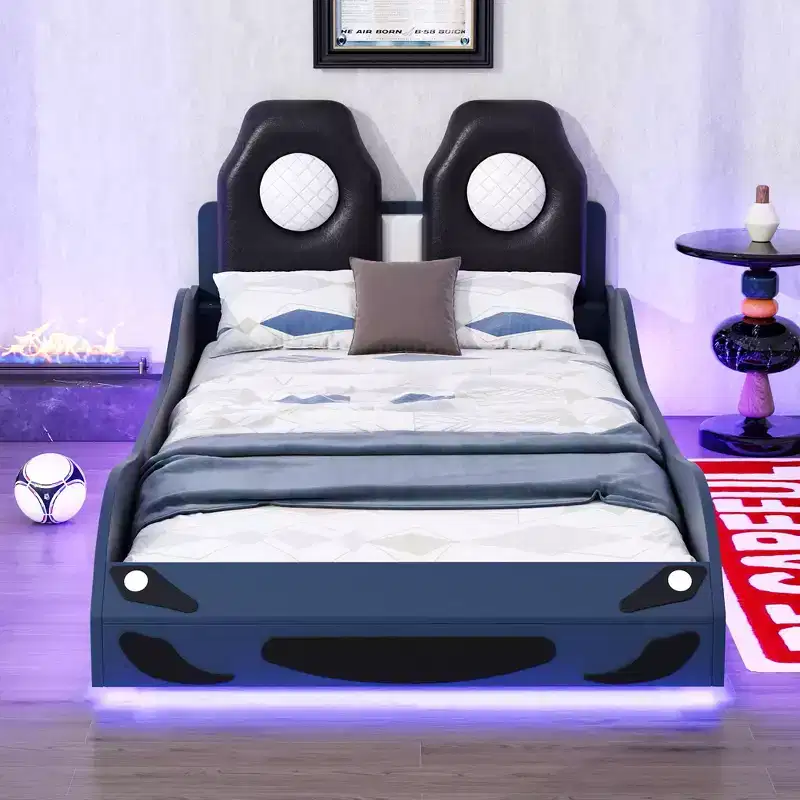 Twin Size Race Car Bed for Boys, Car Shaped Bed with LED Light and Upholstered Backrest, Wood Car Bed Platform Frame Bed for Kids