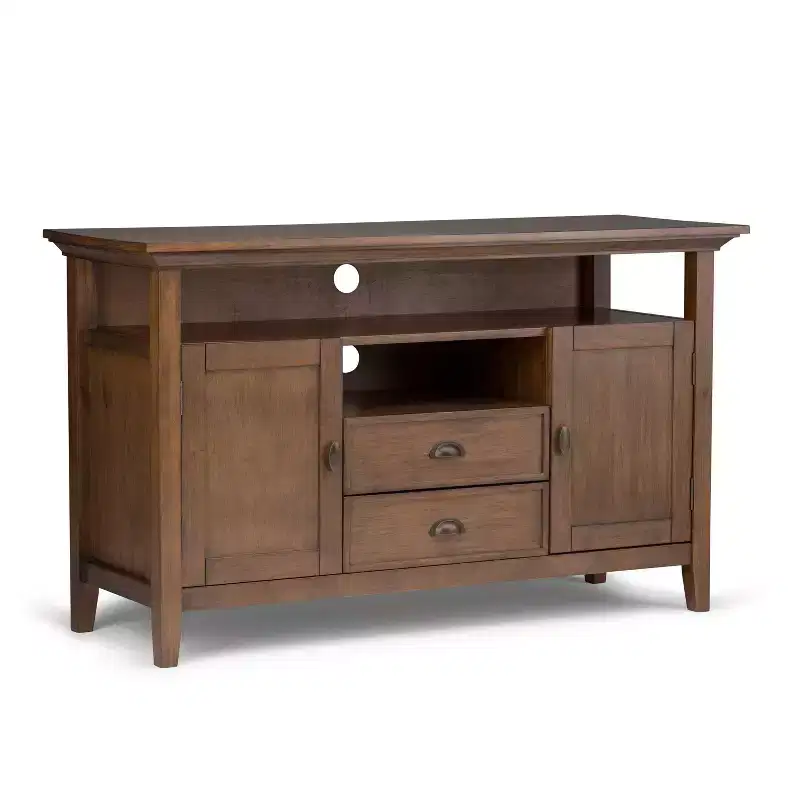 Solid Wood TV Stand for TVs up to 60'', Rustic Natural Aged Brown, Brass Hardware, Media Storage