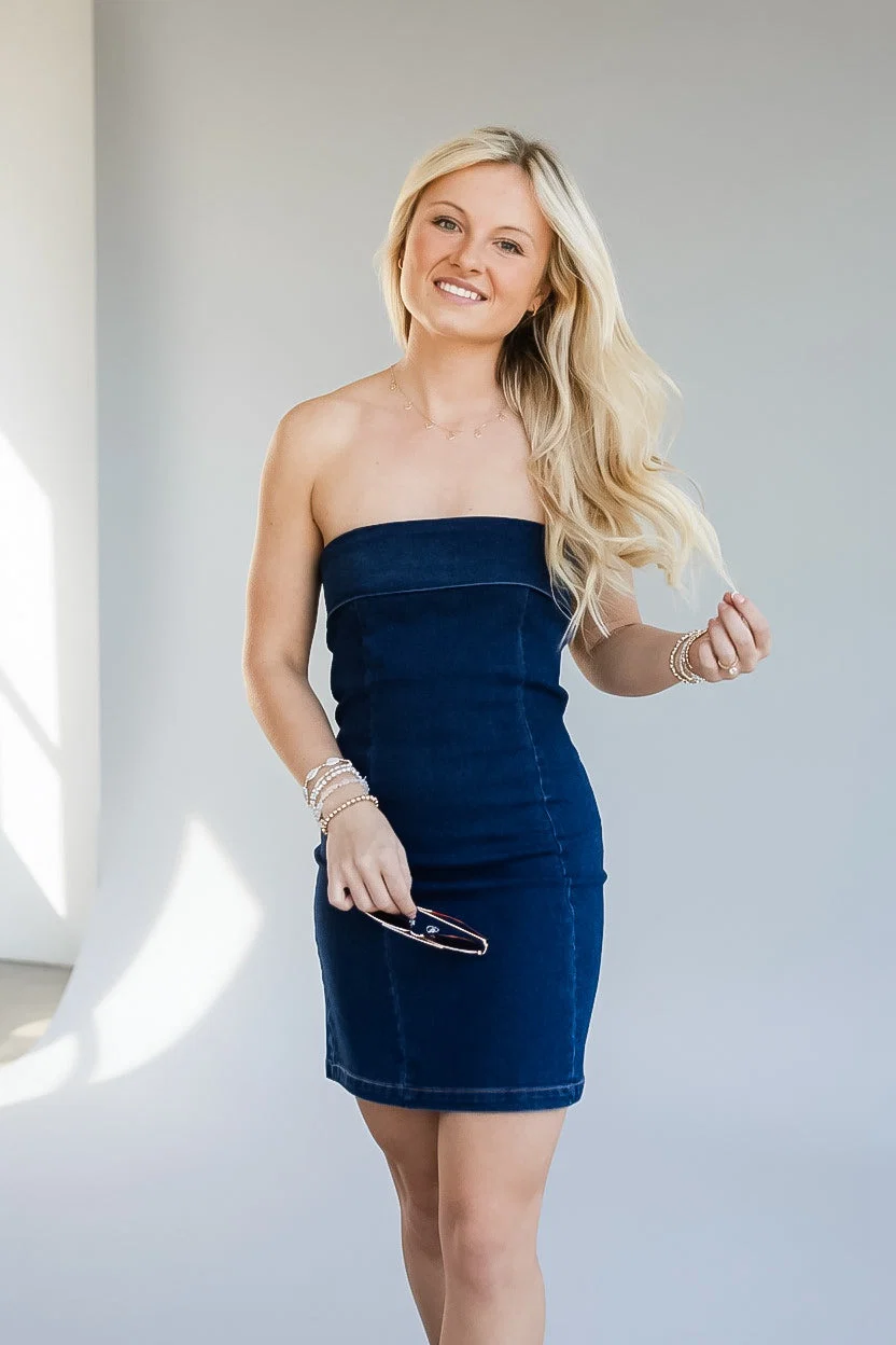Strapless Denim A-Line Mini Dress