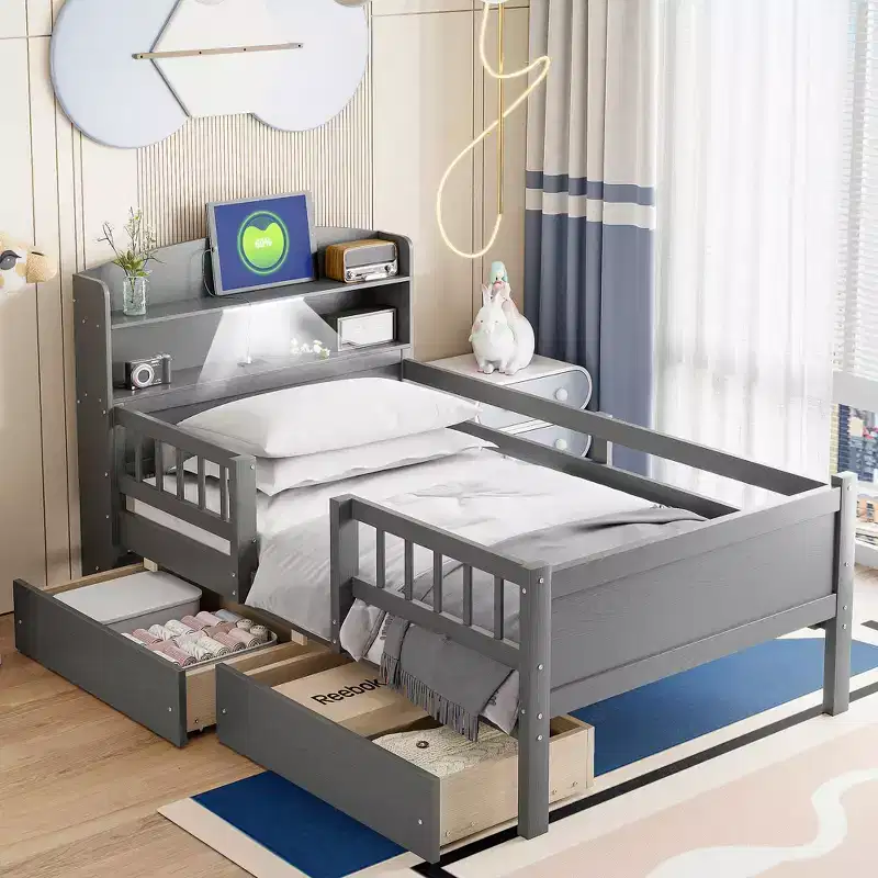 Twin Size Wood Platform Bed with Built in LED Light, Multi functional Headboard, Guardrail and Drawers