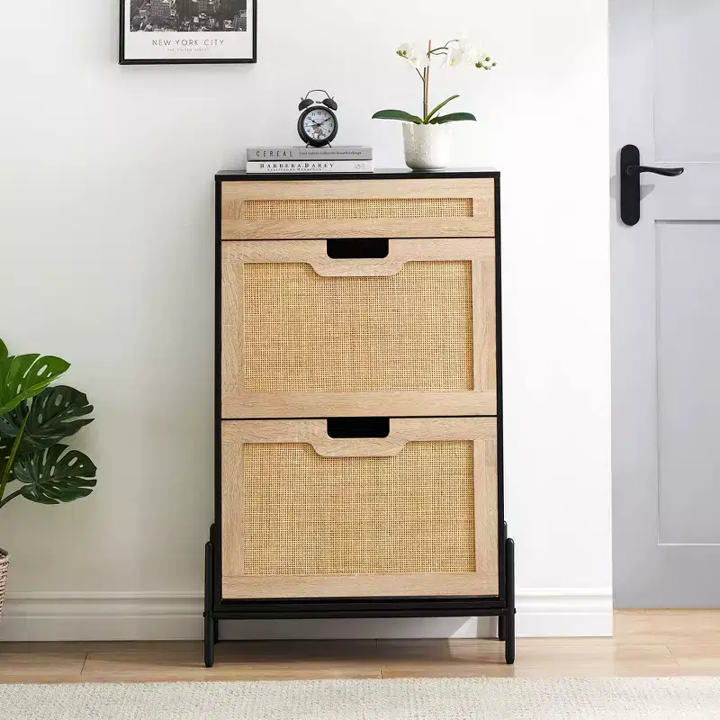 2 Flip Drawers Shoe Storage Cabinet with 1 Drawer, Rattan Shoe Organizer with Metal Legs, Freestanding Narrow Shoe Rack Cabinet for Entryway