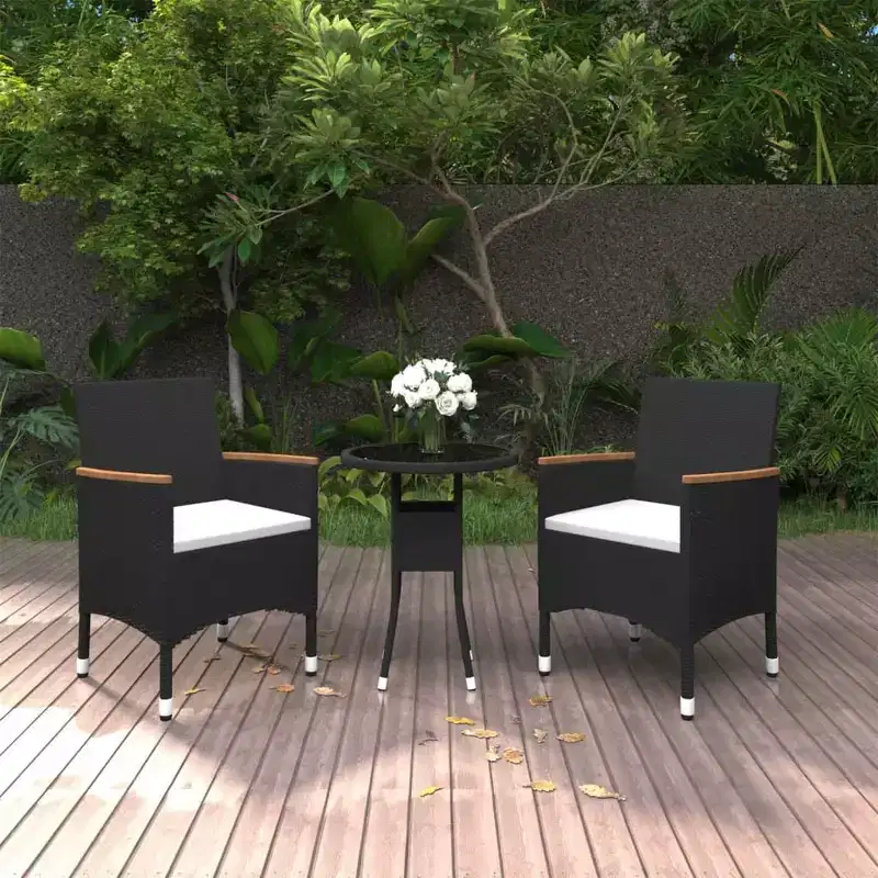 vidaXL Patio Dining Set 3 Piece - Poly Rattan - Black - Outdoor/Garden Table and 2 Chairs with Cushions, Tempered Glass Tabletop