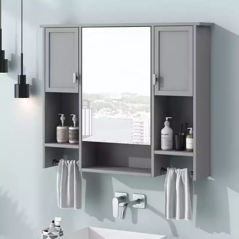 Bathroom Storage Cabinet, Wall Mounted Cabinet with Mirror, Towels Bar, Wooden Hanging Medicine Cabinet for Kitchen, Living Room, Laundry Room
