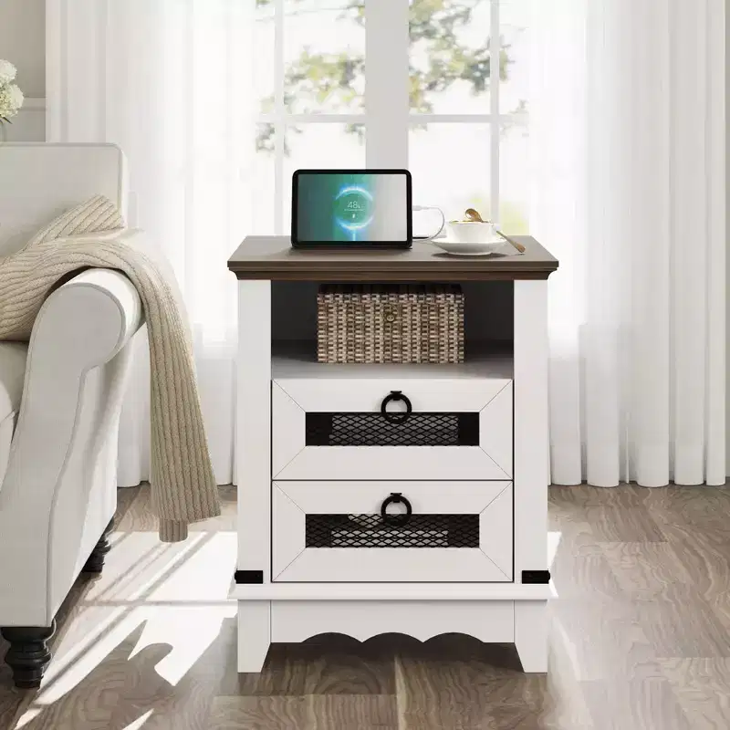 Farmhouse Nightstand 18 inch Side Table with Charging Station Bedside Table with 2 Drawer and 2 USB Ports End Table with Open Cubby