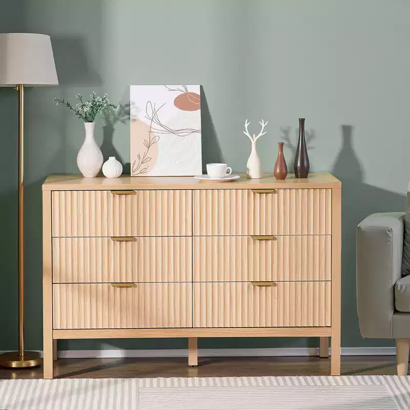 VEVOR 6 Fluted Drawer Dresser, Wooden Chest of Drawers with Sliding & Anti-tip Device, Modern Minimalist Dresser Chest, Beige