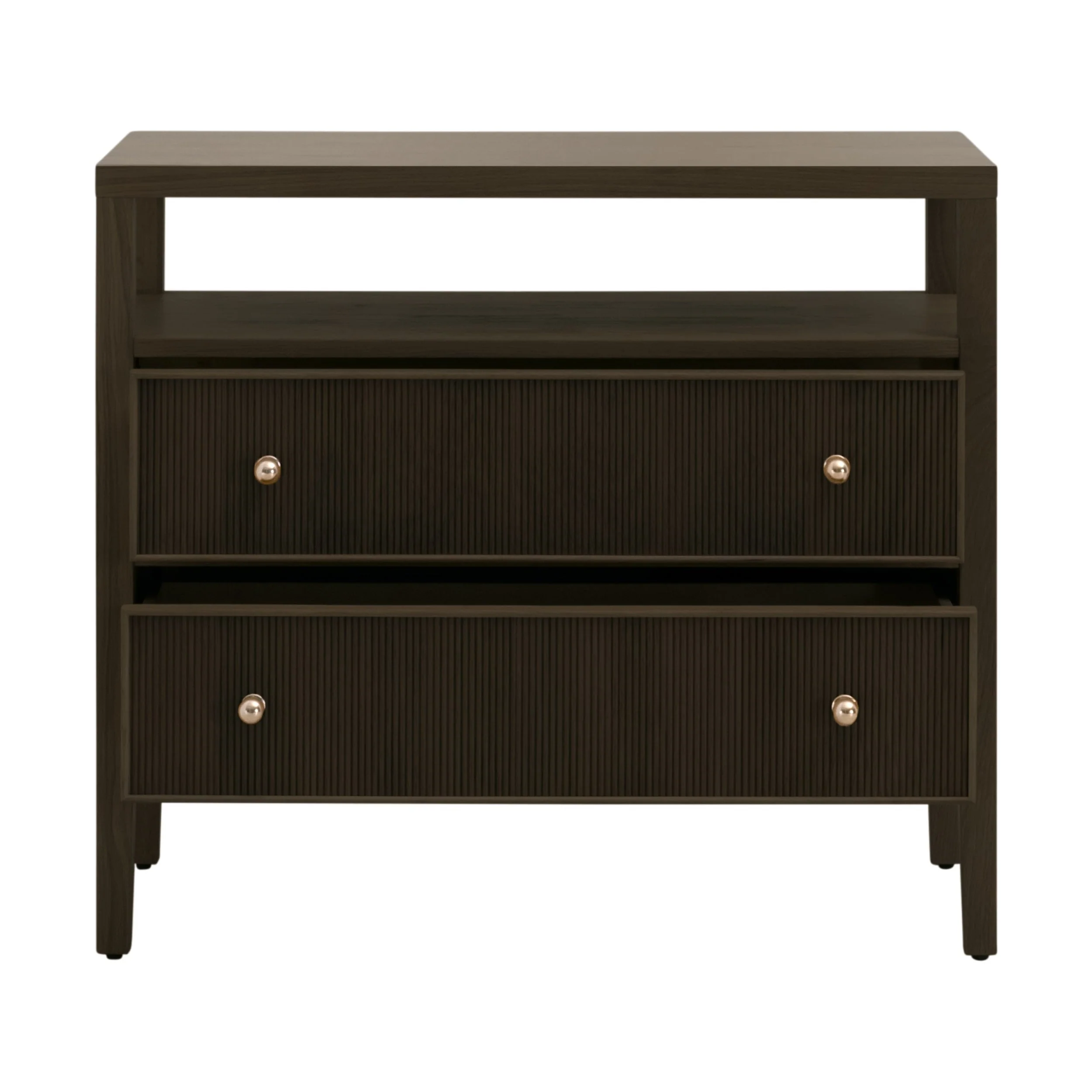 Transitional Solid Oak 2-Drawer Nightstand with Fluted Drawer Fronts & Open Shelf for Bedroom