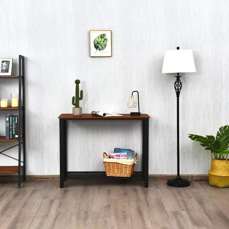 Console Sofa Table W/ Storage Shelf Metal Frame Wood Look Entryway Table, Silver/Black