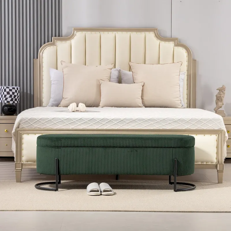 Woven Storage Bench with Safety Hinges – Velvet Tufted Bedroom End Bench