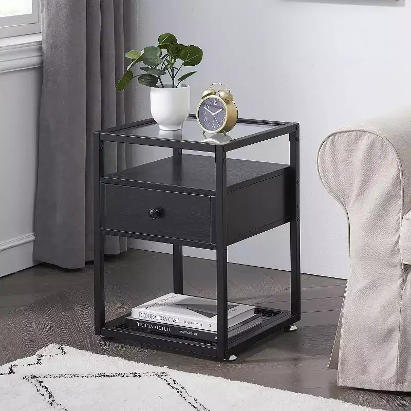 VECELO 1/2 PCs 3-tier Nightstand Glass Top Side End Table with Drawer & Open Shelf Brown/Black