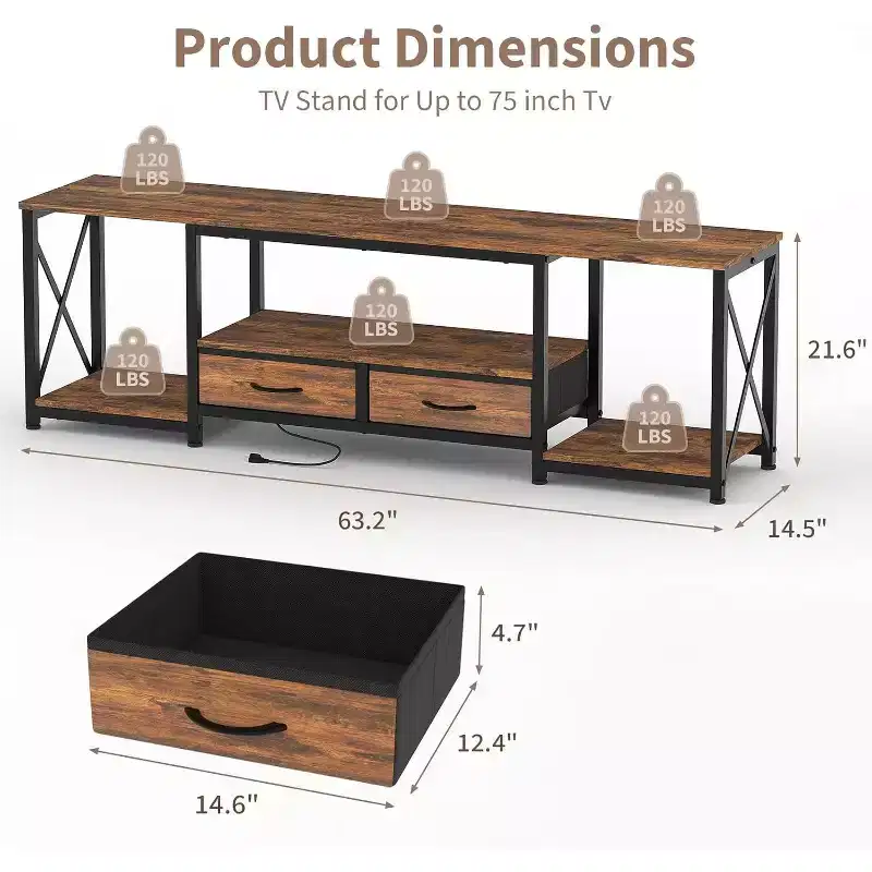Wood & Fabric TV Console Table with Open Shelves and Drawers