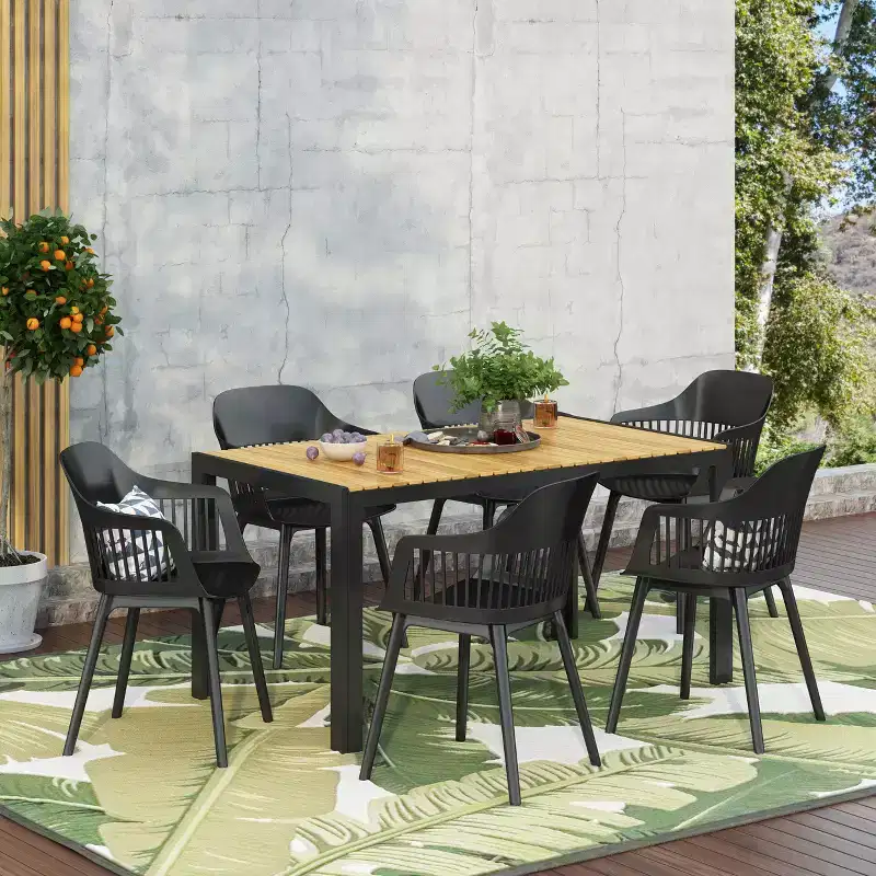 Christopher Knight Home Strada Outdoor Resin and Acacia Wood 7 Piece Dining Set, Black/Teak