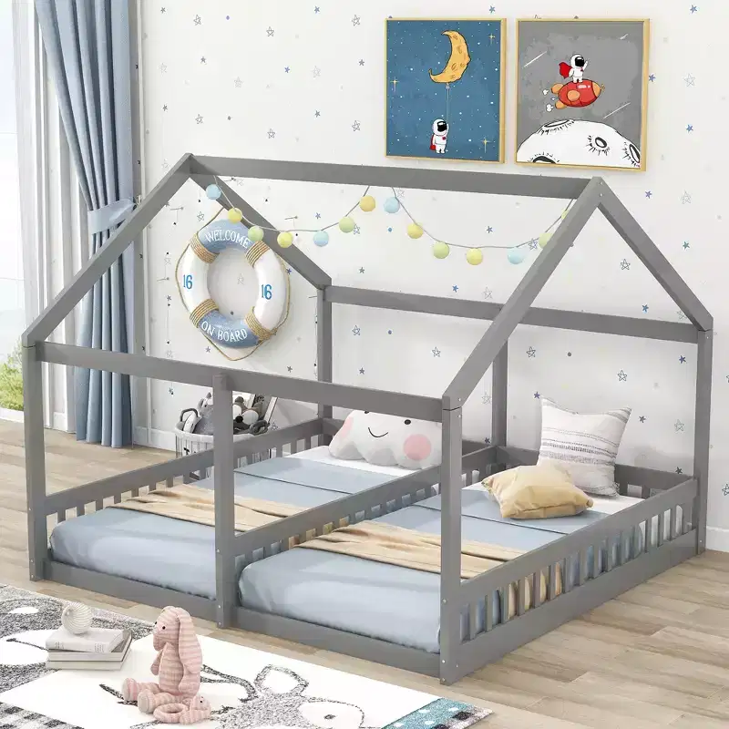 Twin Size Wood House Floor Platform Beds for 2 Kids, Two Shared Beds Frame for Kids Goys Girls