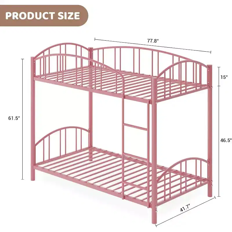 Twin over Twin Bunk Bed with Ladder, Arched Guardrail, Heavy Duty Steel Slats - Space Saving Pink Bunkbed for Kids, No Box Spring Needed.