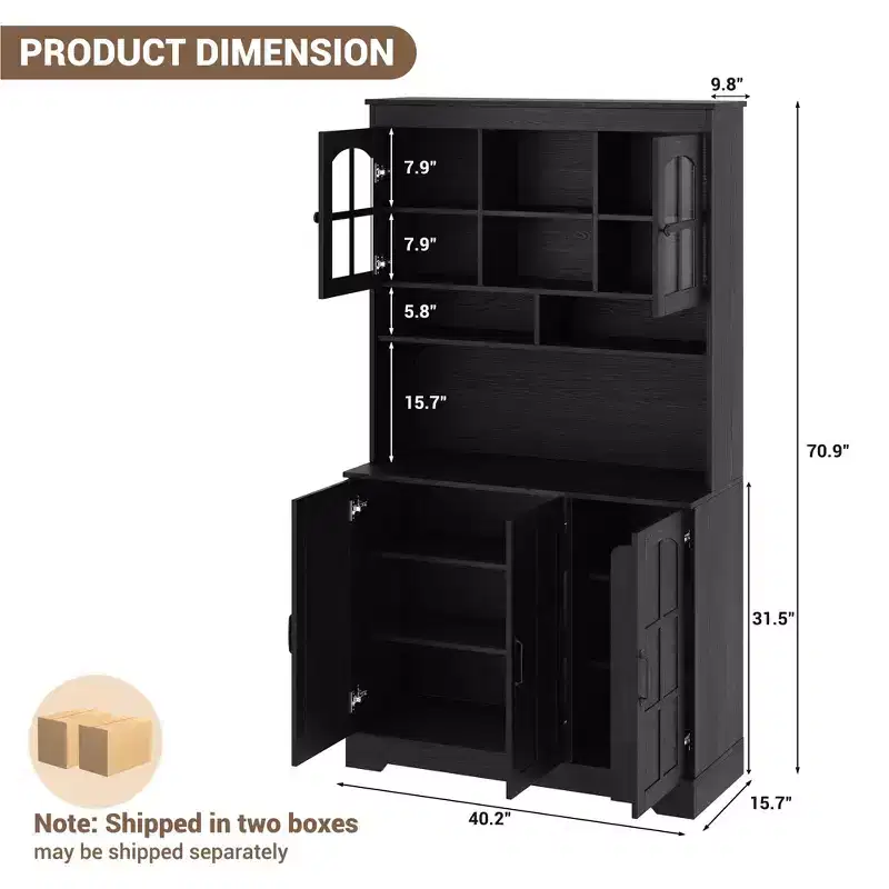 COZONY 70.9 Tall Pantry Cabinet with Glass Doors, Kitchen Pantry Storage Cabinet with Hutch for Dining Room & Living Room