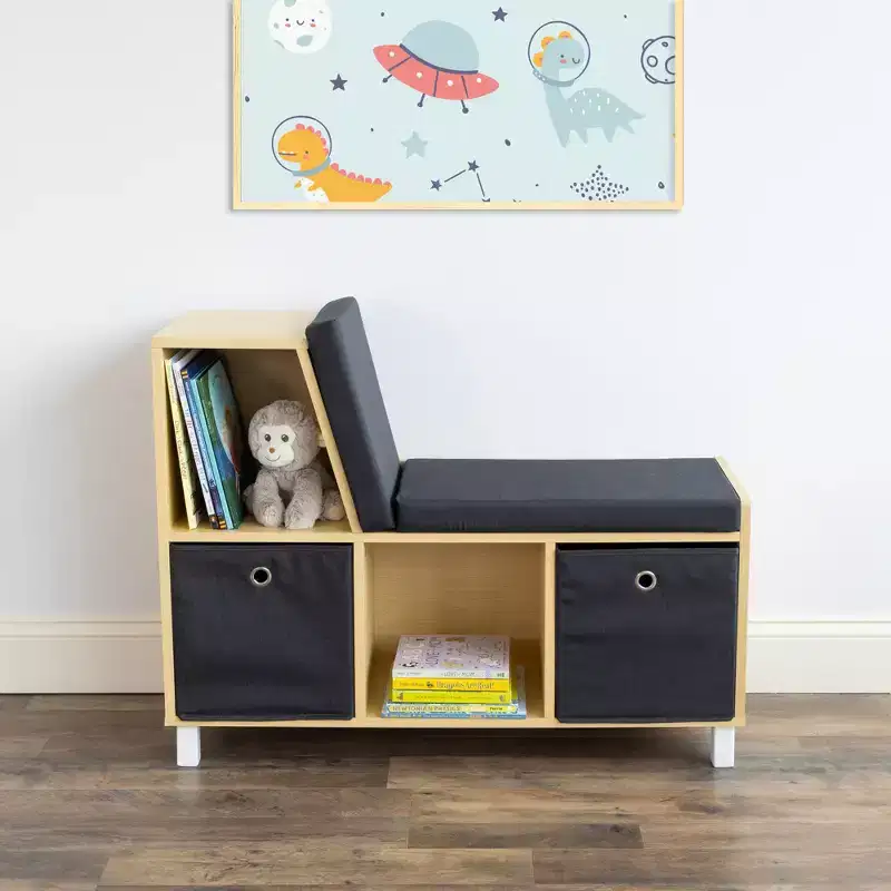 Children's reading corner (wooden): Medium-density fiberboard frame, steel hardware, 2 shelves, 2 drawers