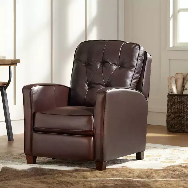 Elm Lane Livorno Chocolate Genuine Leather Recliner Chair Modern Armchair Comfortable Push Manual Reclining Footrest Tufted for Bedroom Living Room