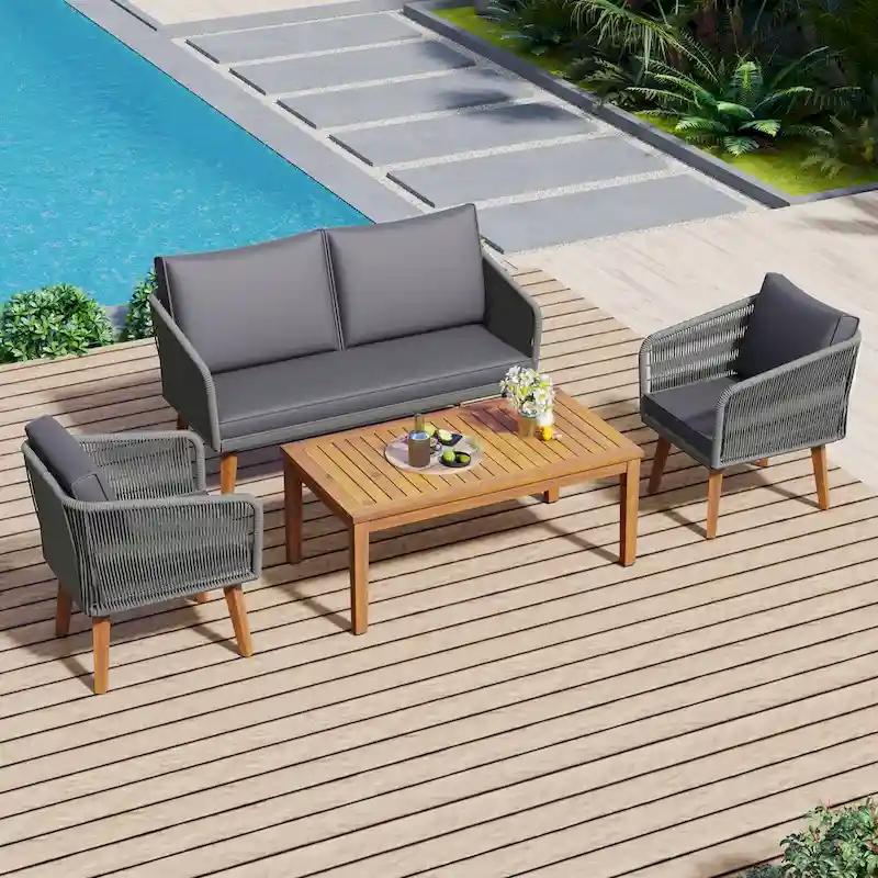 4-Piece Outdoor Patio Conversation Set with Table,Cushions, for Backyard