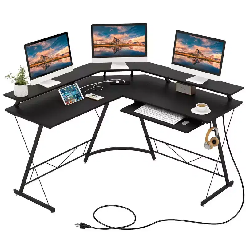 Costway L-shaped Computer Desk with Power Outlet 51 Corner Computer Workstation Rustic Brown/Black