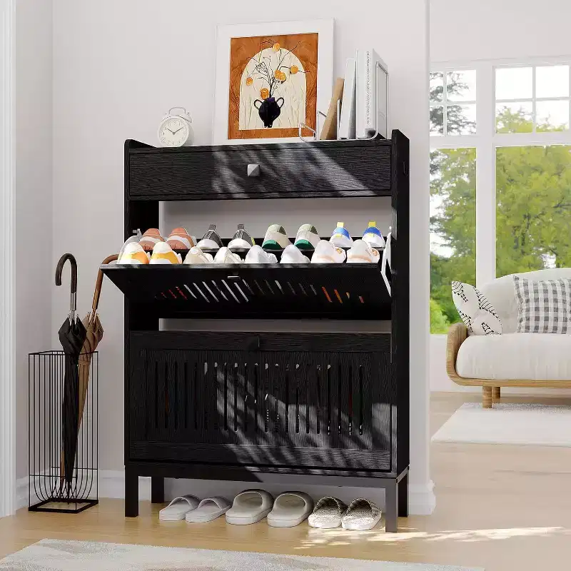 Entryway Shoe Cabinet with 2 Flip Drawers, Top Drawer & Hollow Panel – 31.4