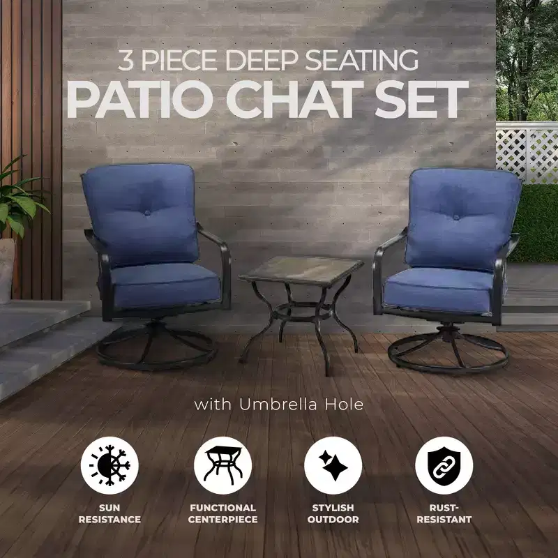 Four Seasons Courtyard Beaumont 3 Piece Deep Seating Outdoor Patio Chat Furniture Set with 2 Swivel Cushioned Chairs and Square Side Table, Gray/Brown