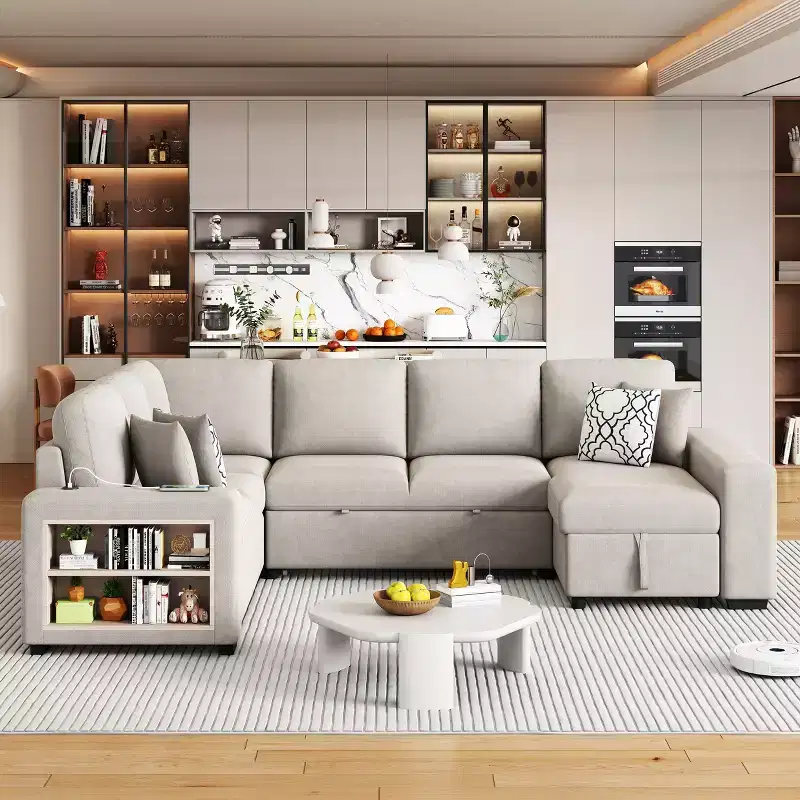 109 U-Shaped Sectional Sleeper Sofa with USB Ports, Storage Chaise & 4 Pillows - Convertible Sofa Bed for Living Room