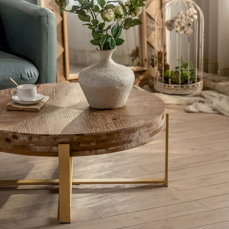 31.29 Splicing Round Coffee Table,Fir Wood Table Top with Gold Cross Legs Base