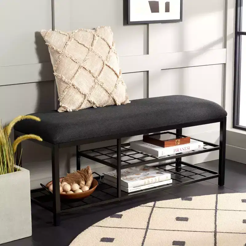 Open Shelf Entryway Bench with Cushion – Iron and MDF Frame