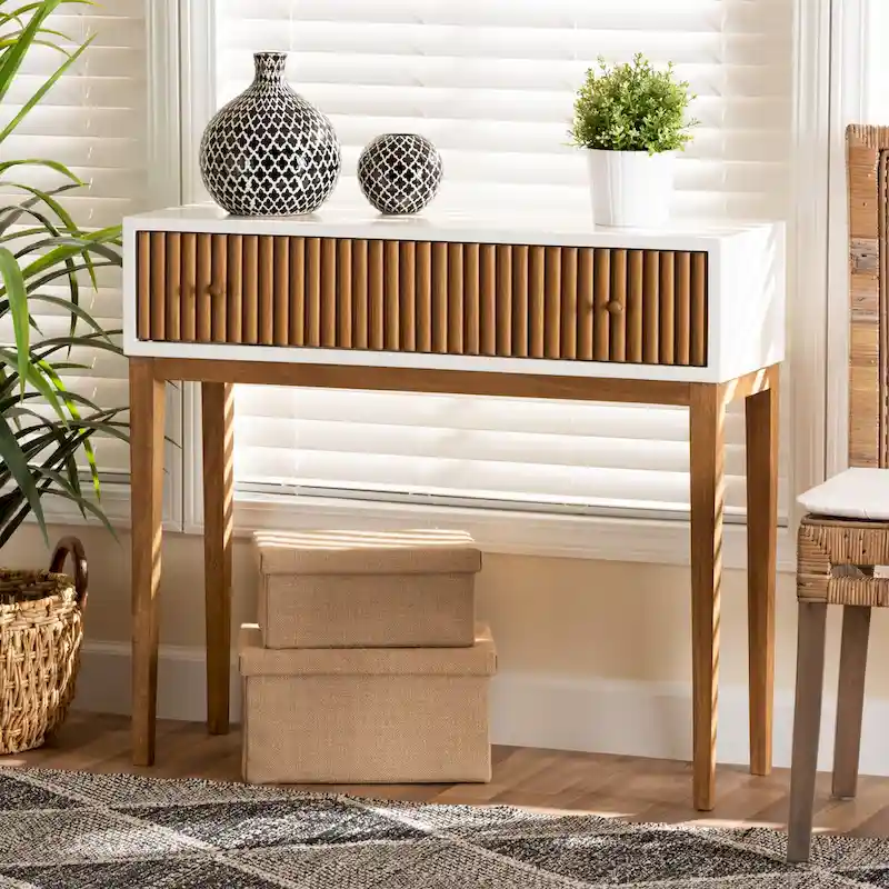 Mid-Century Modern Two-Tone Natural Brown and White Bayur Wood 1-Drawer Console Table