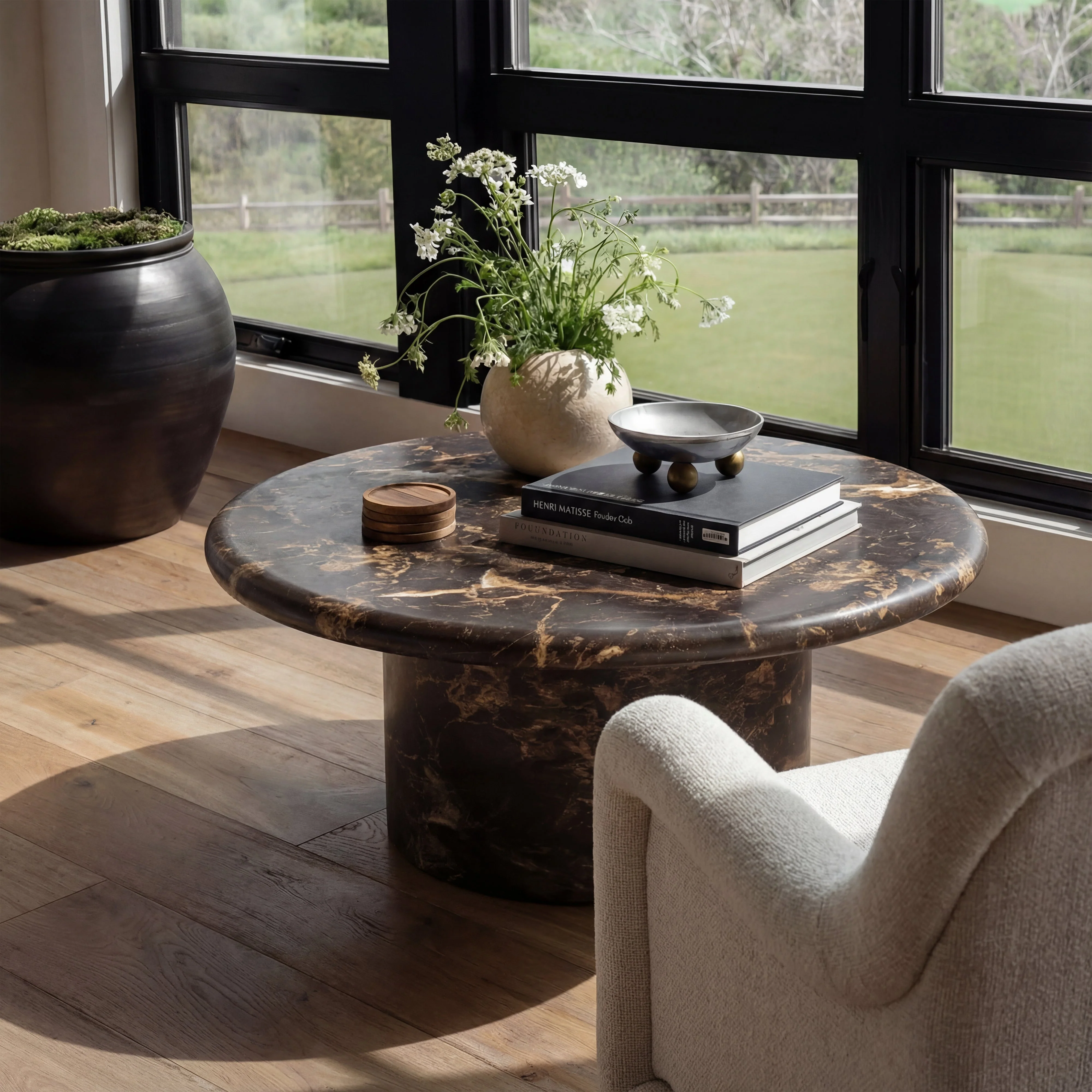 36 Dark Brown Faux Marble Indoor/Outdoor Concrete Round Coffee Table