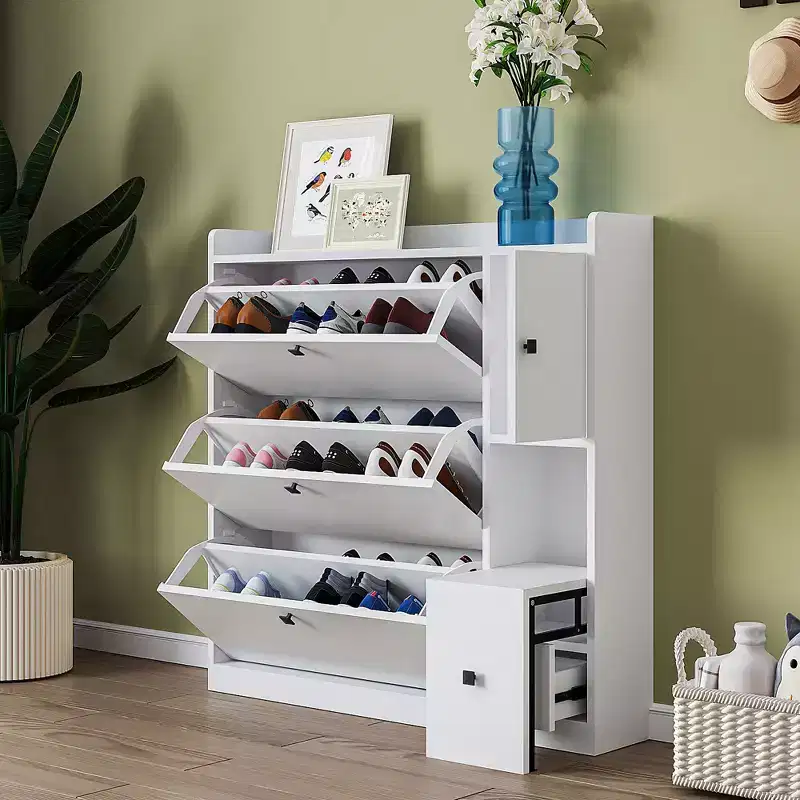 Shoe Cabinet with 3 Tipping Buckets, Storage Cabinet with 1 Drawer and Pull-down Seat for Entryway, Living Room, White