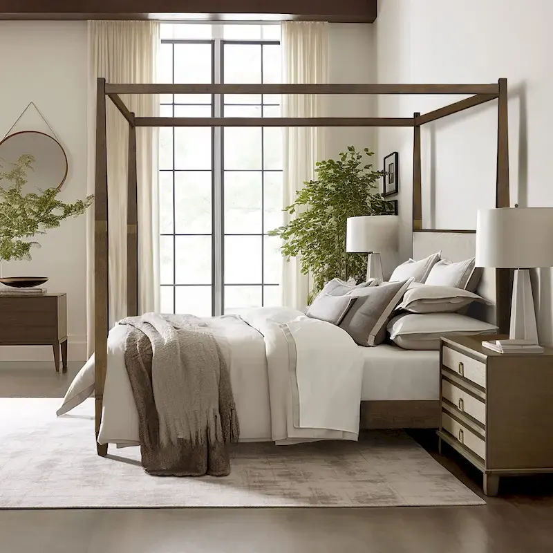 Queen Canopy Bed Frame, Solid Wood, Upholstered Headboard, Gold Metal Cuffs, Slat Foundation, 86.75W x 63.25D x 80H in