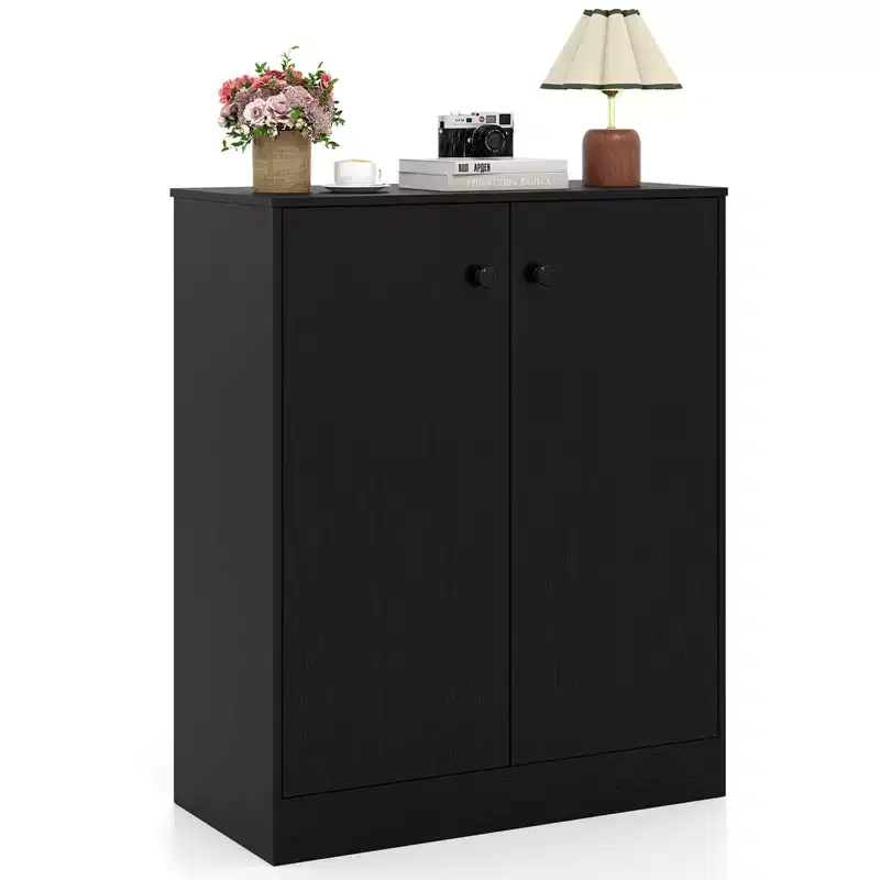 Costway 2-Door Storage Cabinet Freestanding Storage Organizer with 3-Tier Shelf Entryway Black/Brown