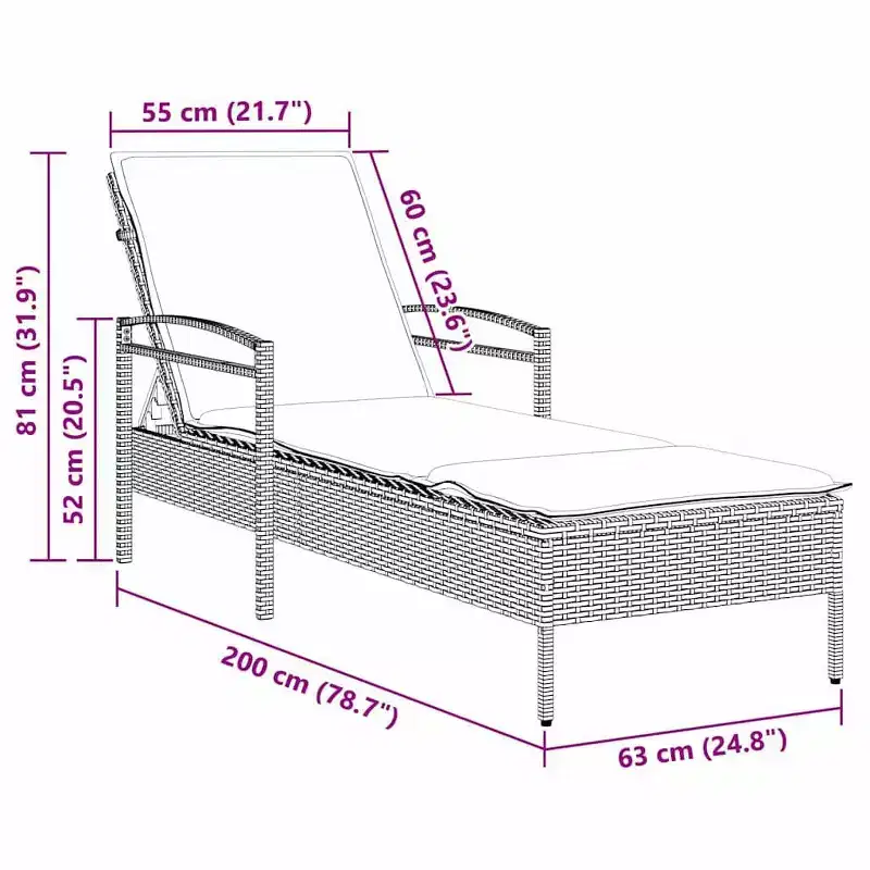 vidaXL Sun Lounger 1-person Brown 24.80 x 78.74 x 31.89 in Poly Rattan