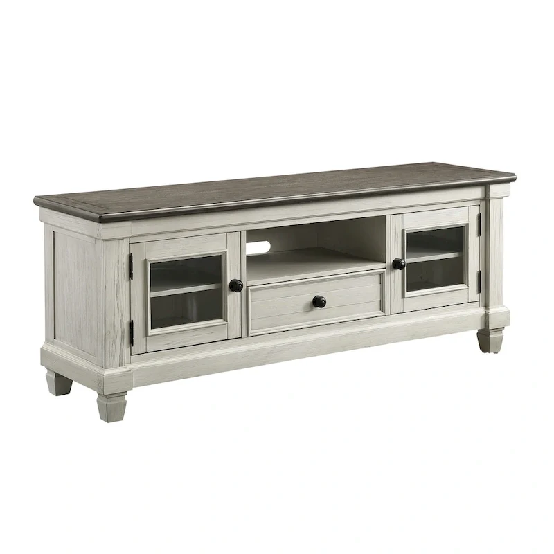 64 Inch TV Media Entertainment Console, White & Brown, Solid Wood