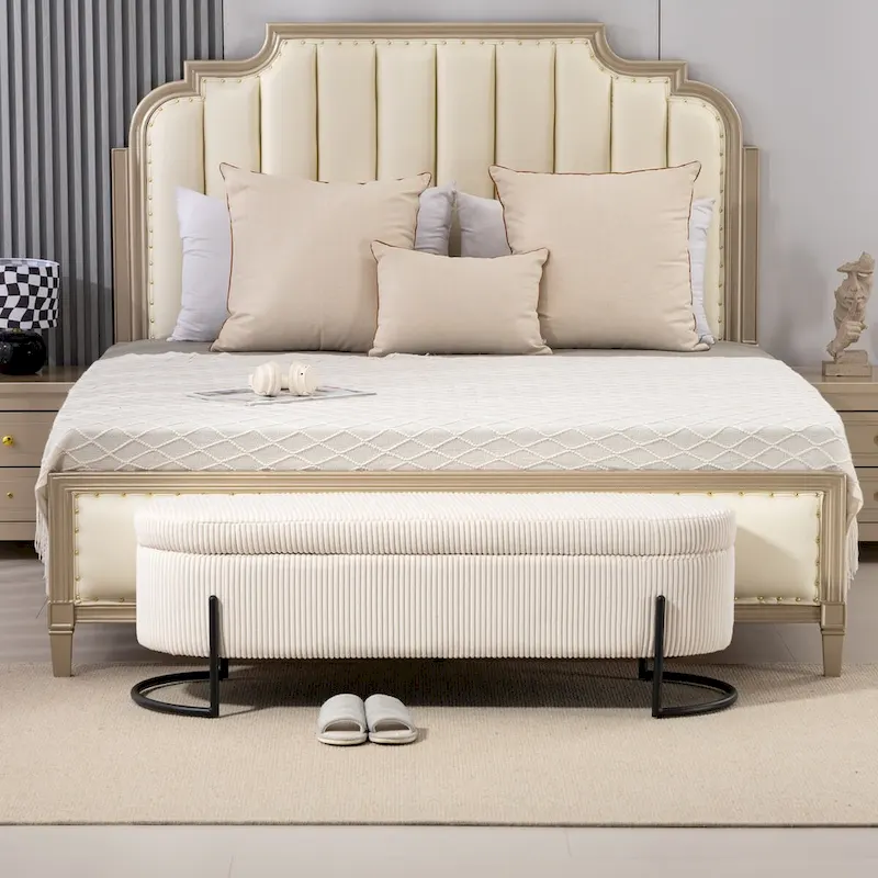 Woven Storage Bench with Safety Hinges – Velvet Tufted Bedroom End Bench