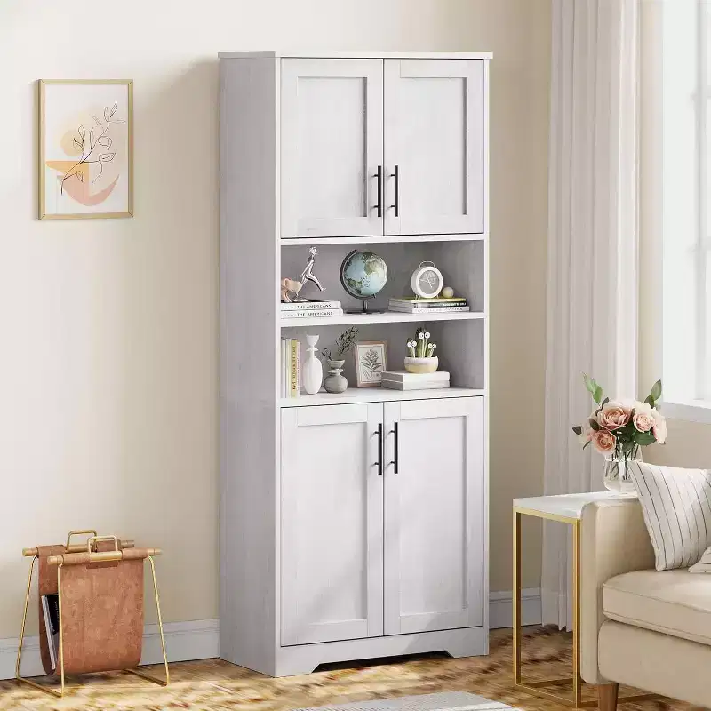 67 Inch Tall Storage Cabinet with Adjustable Shelves, Modern Bathroom Linen Tower with Doors and Open Shelves, White
