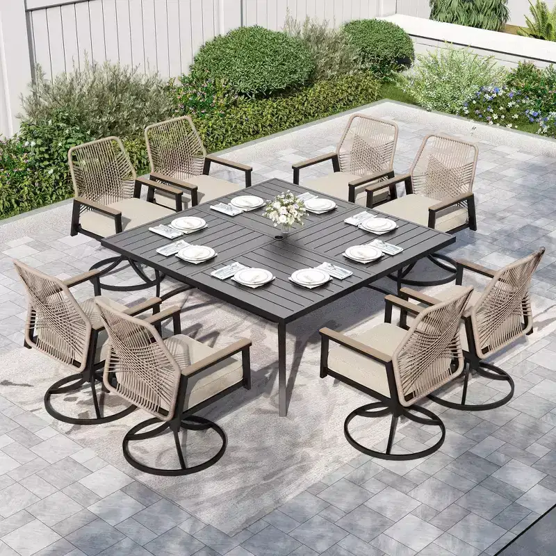Captiva Designs 9pc Outdoor Slat-top Square Metal Dining Table and Thick Cushion Swivel Wicker Chairs