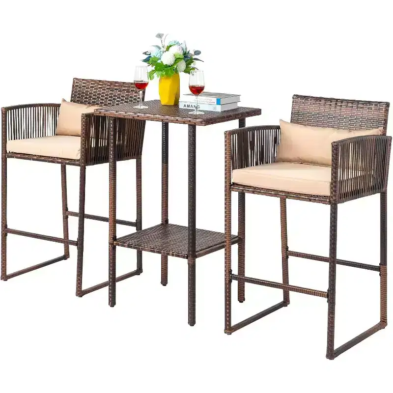 VINGLI 3 PCS Patio Bar Set Wicker, Outdoor Bar Table and Bar Stools with Storage Shelf and Cushions, Bar Height Outdoor Table and Chairs