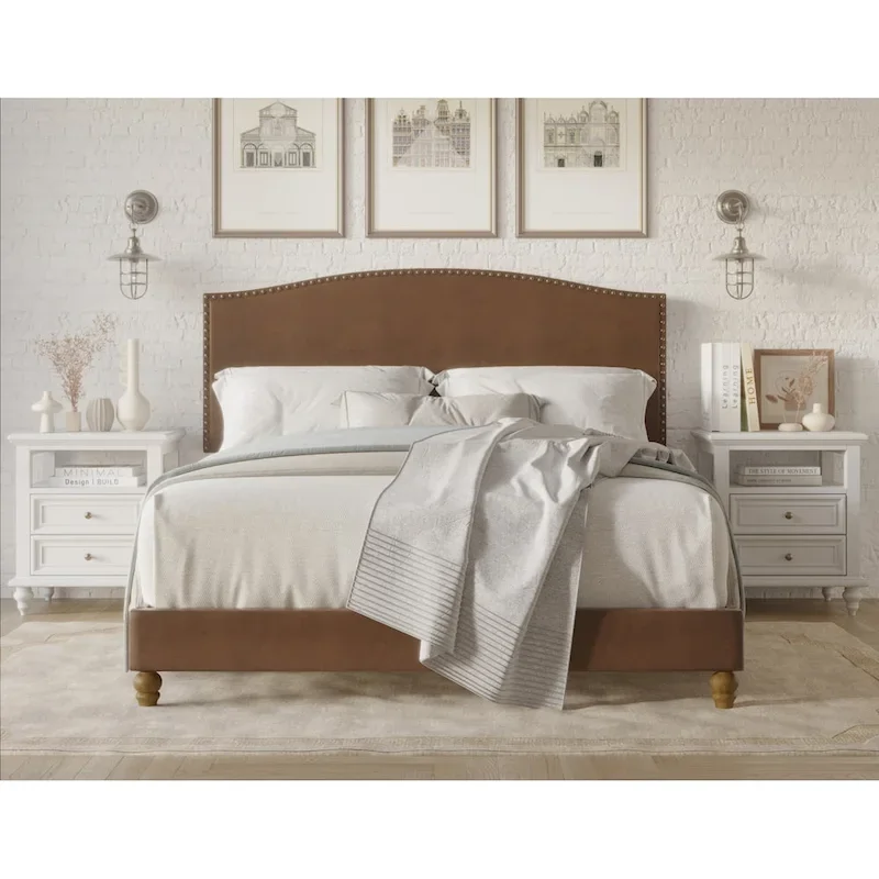 Faux Leather Platform Bed with Nailhead Trim – Brown, Headboard & Footboard, Twin / Full / Queen / King