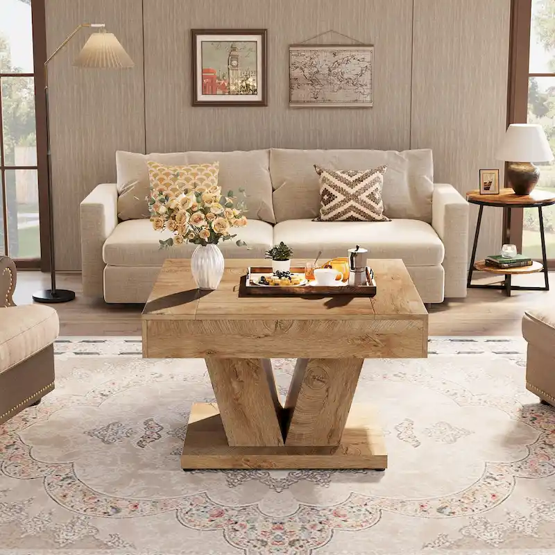 31.5 Inches Wood Coffee Table Square Center Cocktail Tea Table