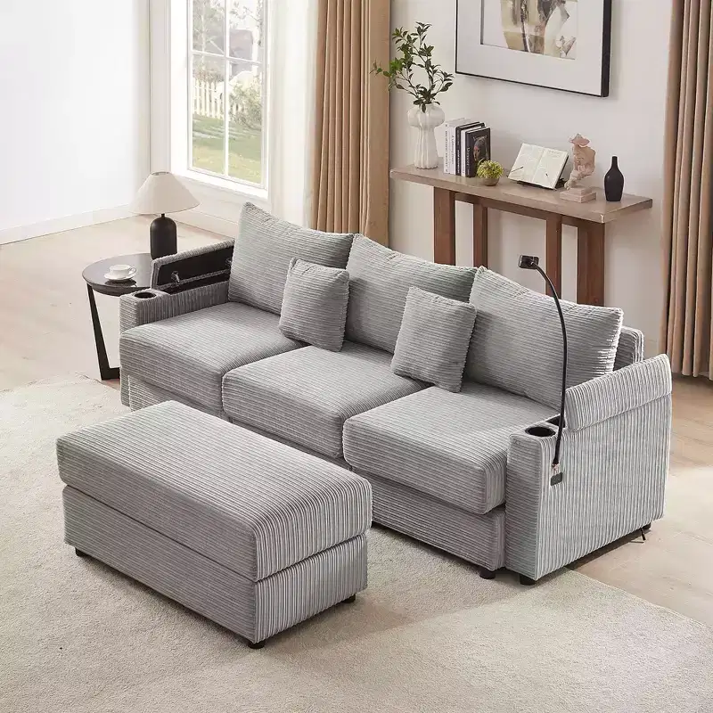 MAYEERTY 95.3 Modern 3 Seater Sectional Sofa with Storage Ottoman Two Ports Two Cup Holders for Living Room Gray