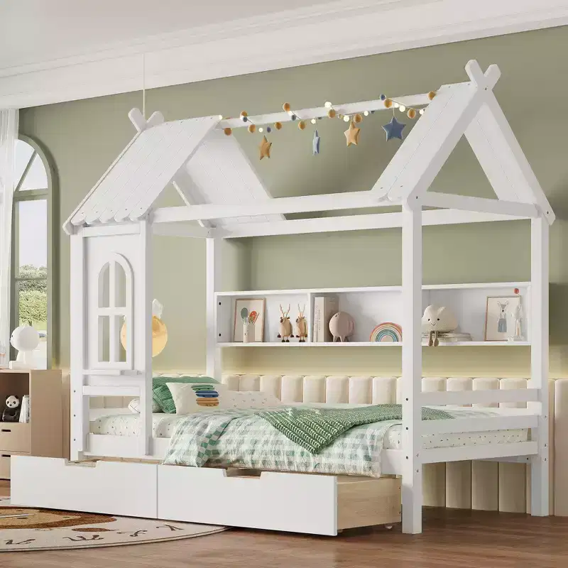 House Platform Bed with Storage Drawers and Window, Solid Wood Frame with Shelves, Childlike Fun Design, Light White