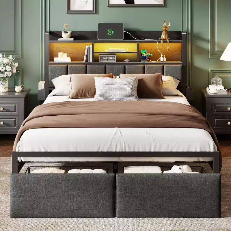 Queen Size Upholstered Bed Frame with LED Lights Charging Station Storage Drawers Headboard Shelf Heavy Duty Metal Platform No Box Spring Needed