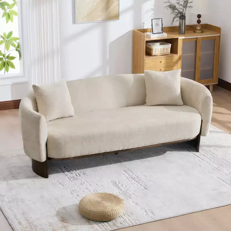 Christopher Knight Home Jennie 81'' Modern Boucle Upholstered 3-Seater Sofa with Wooden Base and Pillows