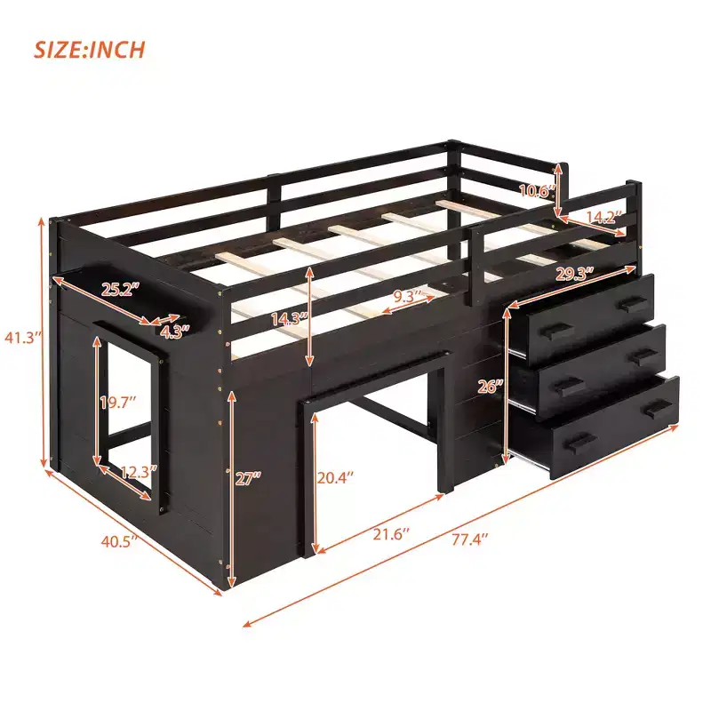 Low Loft Bed with Storage for Kids, Wood Twin Size Loft Bed with Cabinet and Shelf for Girls Boys